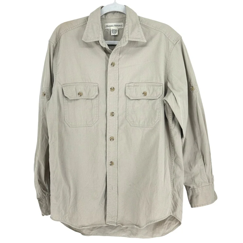 Banana Republic Vintage Mens Khaki Cotton Twill Roll Tab Safari Work Shirt Tan S